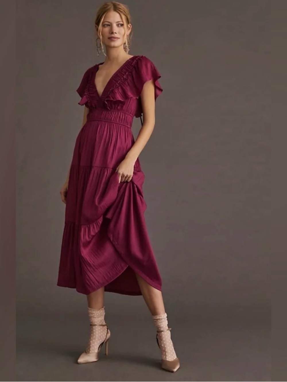 Anthropologie Ruffle Tiered Midi Dress Size XL Raspberry Flutter Sleeve Satin